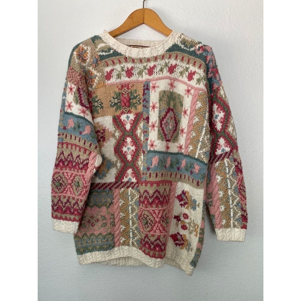 Crystal Kobe Vtg Floral Embroidered Sweater Chunky Knit Small Grandmacore
